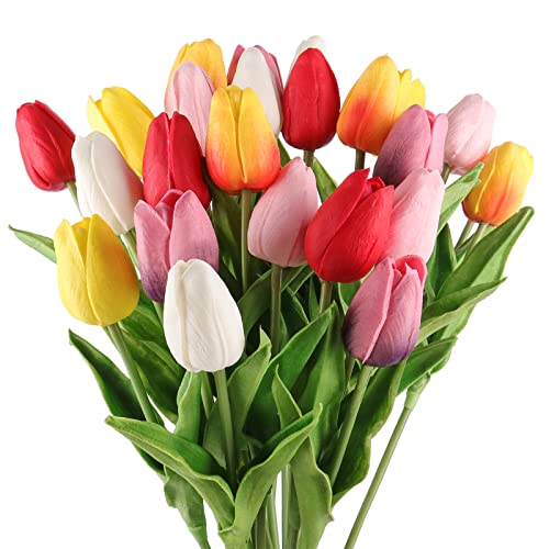 Beferr 18Pcs Tulips Artificial Flowers Faux Tulip Real Touch Tulip Fake Flowers Bouquets Arrangements for Mothers Day Spring Easter Wedding Home Table Decor - color: I-18pcs-6colors-colorful, size: 18PCS