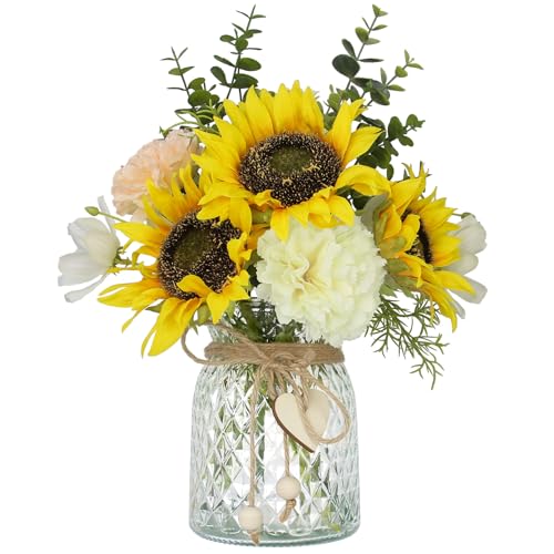 Artificial Sunflower Bouquets - Silk Fake Flowers with Vase, Centerpieces for Dining Room and Coffee Table Decor - color: Pink-yellow