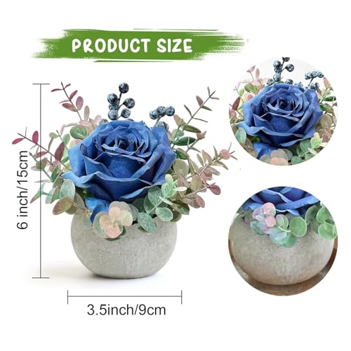 Artificial Flowers in Pots, Blue Rose Small Potted Plants Fake Flowers in Vase Blue Table Decor for Office Bathroom Living Room Party Wedding - color: 1 Pack Blue Rose