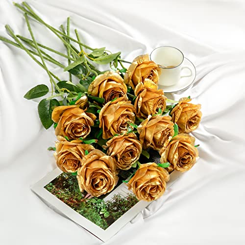 Hawesome 12PCS Artificial Silk Flowers Realistic Roses Bouquet Long Stem for Home Wedding Decoration Party (Gold, 12Pcs Flowers) - color: Gold, size: 12Pcs Flowers