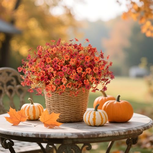 12 Bundles Fake Mums Fall Flowers Artificial for Outdoors Decoration Artificial Mums Faux Plants Daisy for Outdoor Outside Planters UV Resistant Violets for Fall Decor Home Porch Door Front Patio Yard - color: Z1-orange, Autumn Red