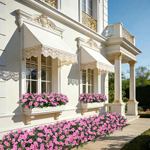 Roberly 6 Bundles Artificial Flowers for Outdoors, Faux Silk Catharanthus Roseus Flowers Bouquet Fake Greenery Plant for Spring Summer Garden Patio Porch Window Box Table Home Decor, Pink - color: Pink