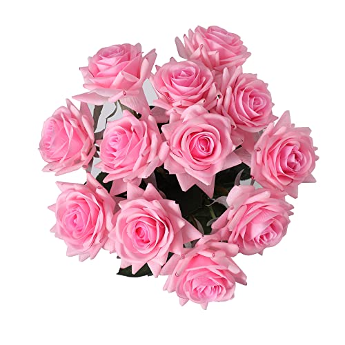 ZMZQ&flw Pink Roses Artificial Flowers 12PCS, Real Touch Silk Flowers, Realistic Single Fake Flower with Individual Stems Leaves - color: Pink 12pcs