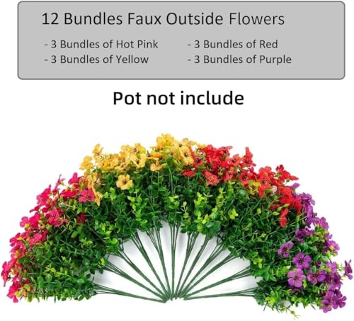 HyeFlora Artificial Flowers for Outdoor Indoor Garden Home Decoration, Faux Flower Daisy with Eucalyptus Leaves Fake Plants Greenery Boxwood Porch Patio, 12 Bundles (Mix Pink Red Purple Yellow) - color: Mix Pink Red Purple Yellow