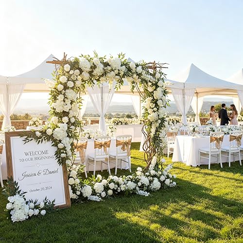Suncalla 36 Pcs White Artificial Flowers Bouquet Set 8 Kind Faux Delphinium Rose Peony Chrysanthemum Hydrangea Baby's Breath Florals with Greenery Long Stem for Wedding Table Vase Decor - color: White