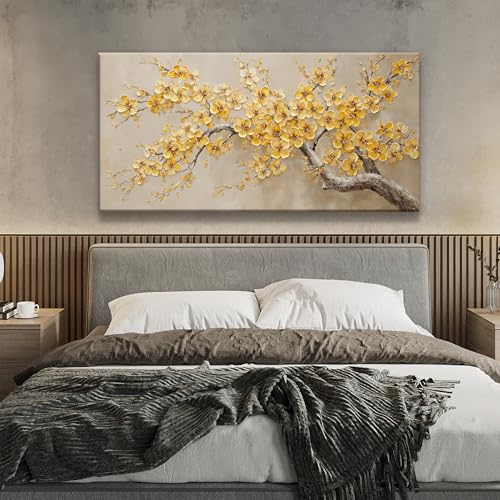 Modern Tree Of Life Wall Art Canvas Prints Ready To Hang Home Wall Decor Golden Yellow Flowers Wall Art Decorations For Living Room Kitchen Bedroom Office Decor 24x48 Inch - color: Yellow, size: 48"L x 24"W