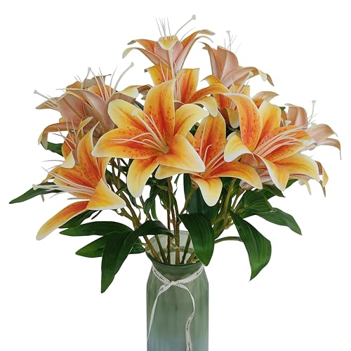 Artificial Lilies Flowers,10Pcs Faux Lily Flower,20''Tiger Lily Branch with 2 Full Blooms , Faux Fake Lilies Plants for Wedding Bouquet Home Party Indoor Floral Arrangements (10, deep orange) - color: Deep Orange