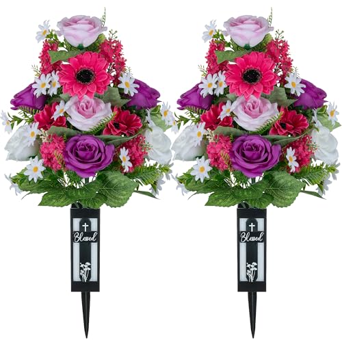 Artificial Flowers for Cemetery Grave: 2 Pcs Memorial Day Grave Decorations for Cemetery - Fake Purple Pink Roses Funeral Flowers Arrangements with Vase for Mothers Gravesite Outdoor - color: Pink & Purple