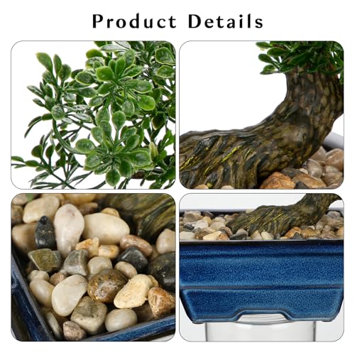 Artificial Bonsai Tree Faux Plants Indoor Fake Plants Decor with Blue Square Ceramic Pots for Home Table Office Desk Bathroom Shelf Bedroom Living Room Farmhouse Decorations - style: Ficus- glaze basin