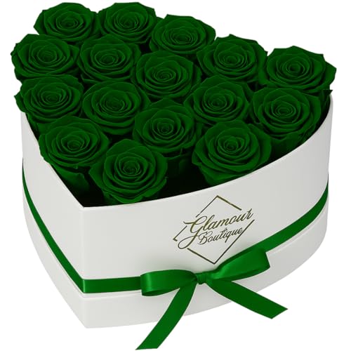 GLAMOUR BOUTIQUE Preserved Roses in a Box - Gifts for Her, Wife & Mom, Rose Flowers Forever Decor for Birthday Gift, Get Well Flower Bouquet Cased in White Box with Cover - Green - 16 (Color-Treated) - color: Green, size: 16 Roses Heart Box
