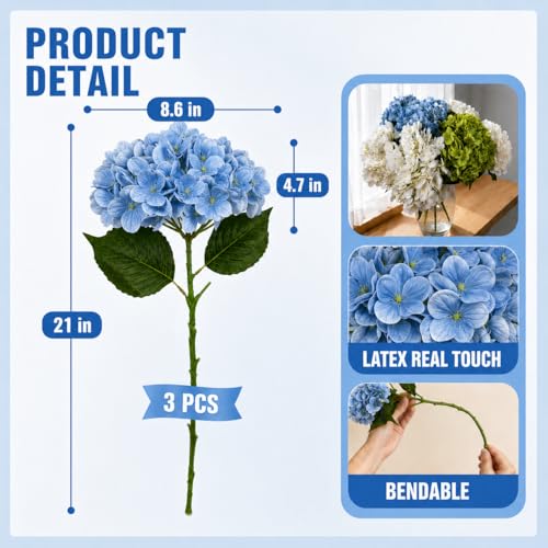 3Pcs 21in Hydrangea Artificial Flowers, Latex Real Touch Hydrangeas Bouquets, Lifelike Large Fake Artificial Flowers for Home Office Wedding Party Arrangements Decor (Blue) - color: Blue