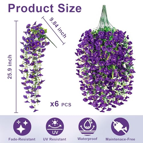 Artificial Flowers for Outdoors, 6-Pack 420 Blooms UV Resistant Hanging Morning Glory Silk Flowers Vines, Realistic Fake Plants Outside Decroation for Porch Patio Balcony Yard Garden (Purple) - color: Purple
