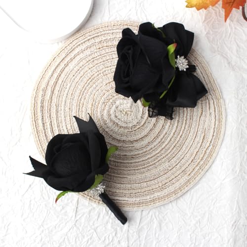 Black Rose Wrist Corsage and Boutonniere Set Rose Corsage Wristlet for Wedding Prom Party Homecoming Decoration Set of 2 (Black) - color: Black