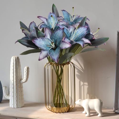 Blue Silk Flowers Fake Lillies 6PCS Vintage Lily Flowers Artificial Fake Blue Flowers Floral Arrangements Wedding Bouquet Party Eater Home Table Decor - color: 6pcs-blue