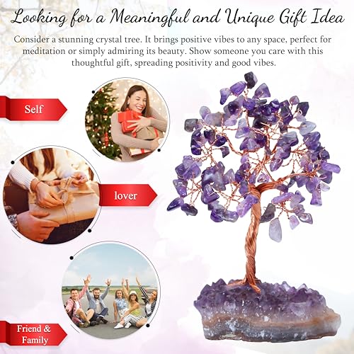Crocon® Amethyst Crystals Tree with Cluster Base Tree of Life, Birthday Gifts for Women, Men Decor for Shelf, Sister Gift, Birthday Gifts for Mom, Cute Home Office Decor Purple Housewarming Present - color: Ac Amethyst Cluster Base