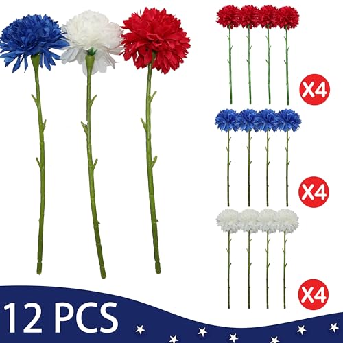 Tinsow 12 pcs Artificial Flower Patriotic Memorial Bouquet Red White and Blue Faux Ball Chrysanthemum Bouquet 4th of July Flowers Silk Flowers Arrangement for Home Party Centerpiece Vase Decor - color: Red, Blue, White