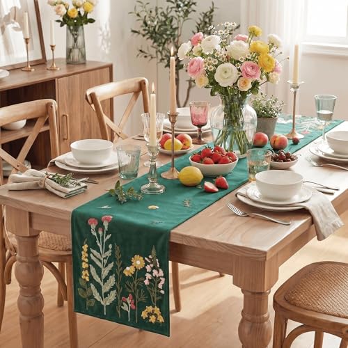 Artoid Mode Green Soft Chain Embroidery Wild Floral Christmas Table Runner, Seasonal Spring Kitchen Dining Table Decoration for Home Party Decor 13x72 Inch - color: Green, size: 13" x 72", Table Runner