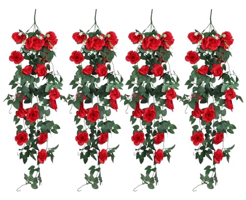 RECUTMS Artificial Red Roses Fake Hanging Flowers Plants, 4PCS 37 Inch Silk Floral Ivy Garland for Indoor Outdoors Home Garden Front Door Porch Wedding Derby Party Arch Valentines Greenery Decor - color: Red, size: 4pcs
