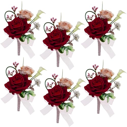 AuroraAria Red Boutonniere for Men,Set of 6,Groom Boutonniere for Wedding,Anniversary,Homecoming,Formal Dinner Party,Wedding Decor,Artificial Red Rose - color: Red
