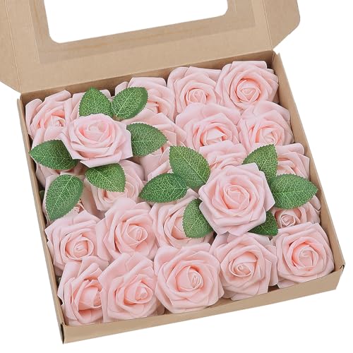 Artificial Flowers 25 Pack Blush Faux Foam Roses with Stems, Real Looking Fake Rose for DIY Wedding Bouquets, Bridal Shower Centerpieces, Party Table Decorations, Home Decor - color: Blush, size: 25Pcs