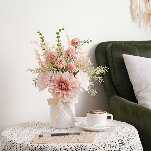 LUEUR Artificial Flowers with Ceramic Vase Centerpieces – Spring Silk Pink Flower Arrangement for Coffee Table Decor, Faux Flower Bouquet for Home Indoor Decoration, Bathroom, Dining Room, Kitchen - color: Pink