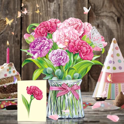 Airpark Pop Up Flower Cards, 3D Paper Flowers Bouquet Birthday Card 10’‘ with Blank Note and Envelope, Mother's Day, Get Well Greeting, Anniversary, Thank You Gifts Cards for Women Mom Girls Friends, Pink Carnations - style: Pink Carnations