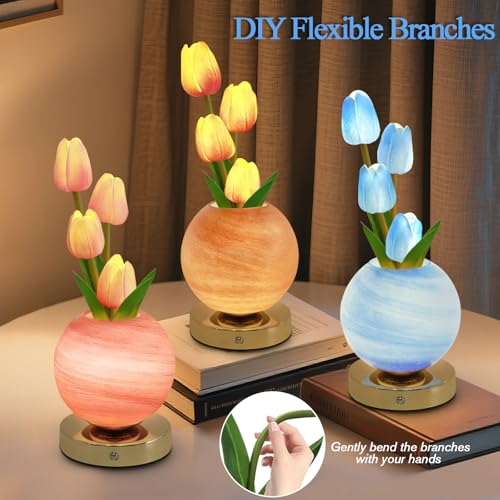 Tulip Table Lamp, Rechargeable Cordless Touch Dimming Artificial Tulip Flower Desk Lamp, LED Flower Bedside Night Light Romantic Gifts for Girl Women Mom (Blue) - color: Blue