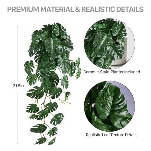 2 Pack Large Artificial Hanging Monstera Plant with Pots, Extra-Full Cascading Faux Hanging Plants for Wall & Shelf Decor, Oversized Split-Leaf Greenery for Living Room (Green-02) - color: Green-02