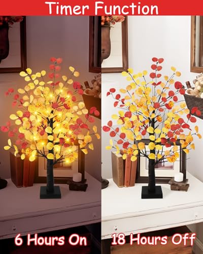 Uieke 24inch Artificial Fall Eucalyptus Tree Prelit 48 LED Tabletop Fall Tree with 12 Pumpkin Lights Battery Operated with Timer, Fall Decorations for Home Thanksgiving Halloween Decor - style: 24inch Fall Tree(2Pack)