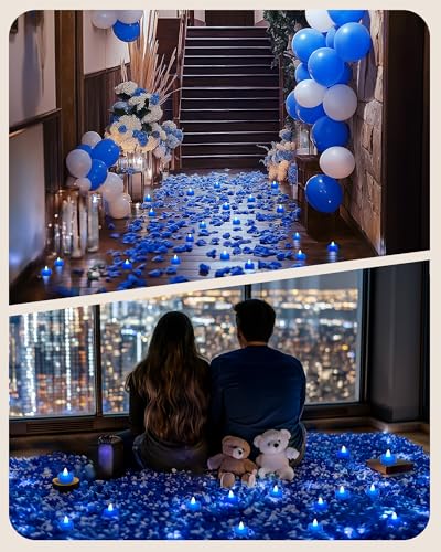 Amagic 4000 Pieces Blue Artificial Rose Petals with 50 Blue Heart LED Tea Lights, Rose Petals and Candles Set for Proposal, Anniversary, Romantic Night, Wedding Decor - color: 50 Pcs Blue Candles + 4000 Pcs Blue Petals