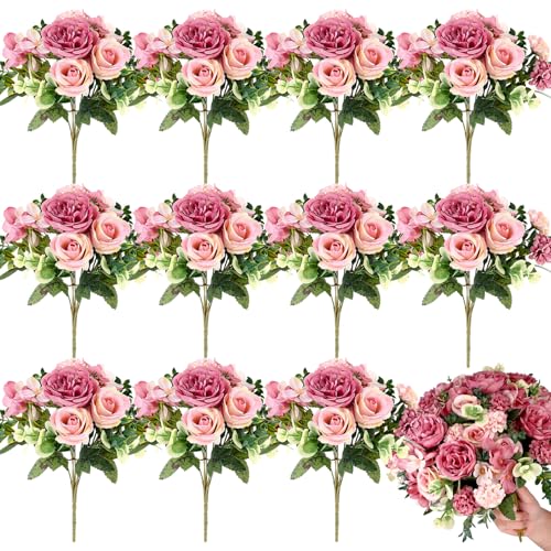 Olgaa 12 Bundles Peonies Artificial Flowers Silk Flowers Faux Peony Fake Peony Hydrangea Flower Bouquet Bulk for Vase Filler Centerpiece Table Decorations Wedding Arch Flowers (Champagne Red) - color: Champagne Red