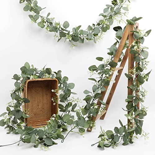 Gypsophila Artificial Eucalyptus Garland 2 Pack, 5.8Ft Faux Baby Breath Flowers Vine, Real Touch Hanging Flower Decor for Wedding Arch Party (White)