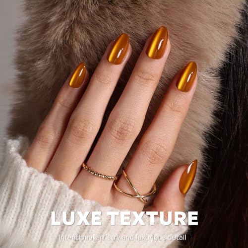 32Pcs Soft Gel Press on Nails for Women, Orange Cat Eye, Short Almond | Magnetic Glass Cateye False Fake Nails Press Ons for Office Daily Wear, Salon Quality Reusable Glue & Stick on Nail Gift Kit - color: 1B-Orange Cat Eye