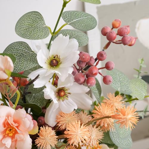 17-inch Artificial Fake Faux Flowers Silk Flower Arrangements Bouquets with Red Berries, Cosmos, Snow Cherry, Chinese Rose, Dandelions, Baby's Breaths, Eucalyptus, Peony, Roses - color: Peach Reverie