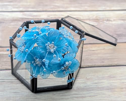 72PC Artificial Organza Flower Rhinestone Pick for Home Craft Decor DIY Wedding Bridal Veil Headband Dress Cake Topper Embellishment Scrapbook Favor Corsage Floral Bouquet Arrangement (Turquoise) - color: Turquoise