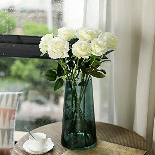 Laelfe 12 PCS Artificial Flowers Roses Silk Flowers Fake Long Stem Artificial Roses for Home Wedding Bathroom Kitchen Decorations - color: Off White