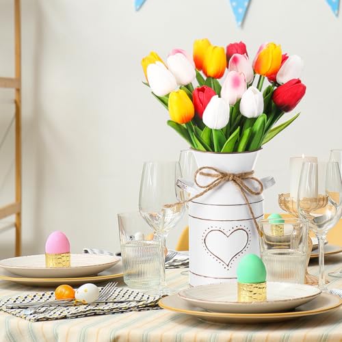 Uiifan 19 Pcs Spring Easter Centerpieces for Tables Home Office Decoration 18 Fake Artificial Tulip Flower Faux Realistic PU Bouquet with 1 Metal Pot Vase for Wedding Baby Shower(Elegant Color) - color: Elegant Color