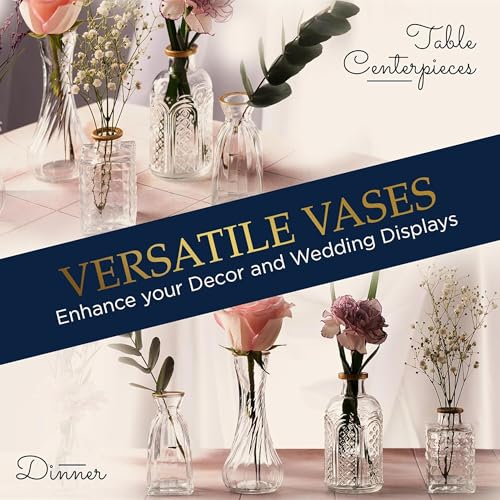 Luxury Glass Bud Vase Set of 5 – Hand Painted Gold Rim Mini Vases, Elegant Small Glass Vases for Centerpieces, Vintage Clear Flower Vases for Wedding, Table, Home & Party Décor - color: 5 Pcs Clear + Gold Rim, size: 5 Pcs