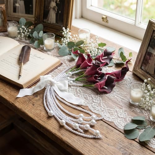 Suncalla 20 Pcs Calla Lily Artificial Flowers Burgundy DIY Wedding Bouquet for Bride Wedding Table Centerpieces Decorations with Ribbon and Pearl for Floral Arrangement DIY Craft Bridal Flower Gift - color: Claret, style: Calla Lily