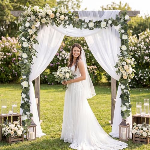 2 Pack White Artificial Peony Garland 6.2ft/Piece Silk Fake Flower Vines Faux Eucalyptus Garland with Peony Flower for Wedding Arch Home Table Mantle Party Backdrop Decoration (White) - color: White