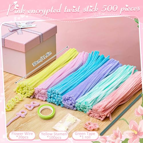Peryiter 371 Pcs Pipe Cleaners Flowers Kit, Pipe Cleaners Chenille Stems Bulk with Floral Wire Gardening Tape Stamen, Fluffy Limpiapipas para Flores for DIY Mother's Day Decor(Macaron Color) - color: Macaron Color