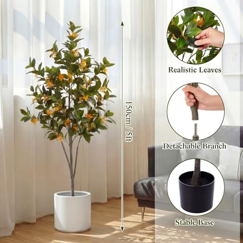 Daifunli 5ft Artificial Flower Tree Indoor Faux Osmanthus Tree Realistic Osmanthus Plants in Pot with Orange Flowers Lifelike Fake Floor Plant for Indoor Outdoor Home Living Room Office Wedding - style: Osmanthus Tree