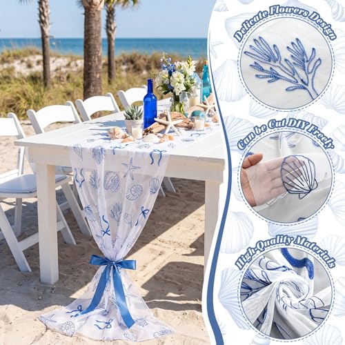 Mindsoft 3 Pcs Coastal Table Runner 10ft Blue Bow Beach Ocean Nautical Embroidery Tulle Lace Table Runner Last Toast on the Coast Decor for Wedding Bridal Baby Shower Holiday Dining DIY - style: Coast