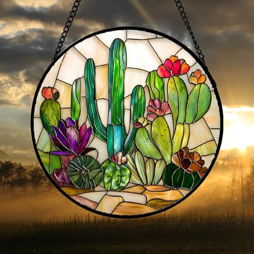 DASTOLL Stained Glass Window Hanging, White Green Cactus Suncatcher Diamond Glass Panel Hangings Sun Catchers Decor for Birthday for Women, Men, Wife, Aunt, and Mom 14.9x14.9 in - color: Green, size: 14.9x14.9 IN