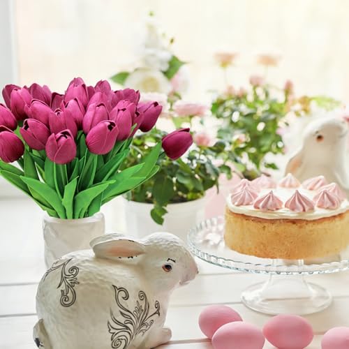 28pcs Hot Pink Flowers Artificial Tulip Stems Real Feel PU Tulips for Easter Spring Wreath Wedding Bouquet Centerpiece Floral Arrangement Cemetery Table Décor 13" Tall - color: Hot Pink