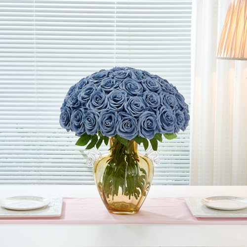 100 Pcs Fake Dusty Blue Roses, Artificial Blue Flowers Bulk Realistic Silk Faux Rose with Long Stems for Wedding Bridal Bouquet Anniversary Floral Arrangement Decor - color: Dustyblue