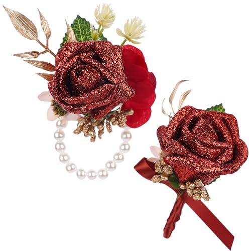 Red Rose Boutonniere and Corsage Set - 2 Pcs Artificial Flowers Corsage Wristlet and Boutonniere Kit for Wedding Prom Party, Anniversary Ceremony - color: Red