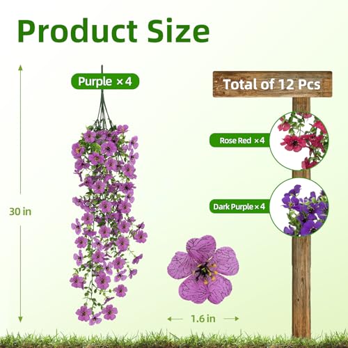 CLEANGOR 12Pcs Artificial Fake Hanging Flowers Plants for Outdoor (3 Color) | UV Resistant Artificial Outdoor Plant, Faux Silk Daisy with Eucalyptus Leaves, for Garden, Porch, Balcony, Yard Decor - color: Mix1(purple+rose Red+dark Purple)
