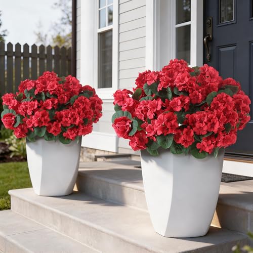 GLIDLION 12 Bundles Artificial Geranium Flowers for Spring Summer Decor, UV-Resistant Fake Plants Realistic Faux Silk Bouquets for Front Door Farmhouse Garden Porch Home Outdoor Decor (Red) - color: Red