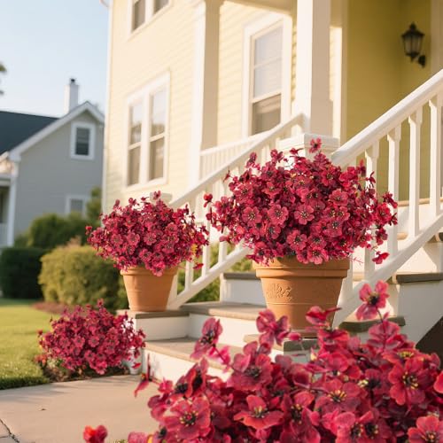 RECUTMS 12Pcs Realistic Artificial Plants Artificial Mums Fall Flowers Fake Fall Plant UV Resistant Fake Flowers Realistic Eucalyptus Leaves Silk Mums Faux Autumn Plant for Home Decor(Wine Red) - color: Eviolet Wine Red